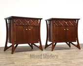 Walnut Brass Sculpted Nightstands- a Pair