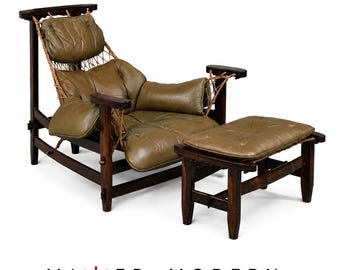May include: A dark wood lounge chair and matching ottoman featuring olive green tufted leather cushions suspended by a rope netting frame. The text "MIXED MODERN" is printed in black and red at the bottom of the image against a white background.