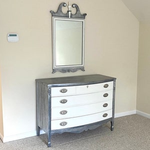 Grey and White Dresser and Mirror image 1