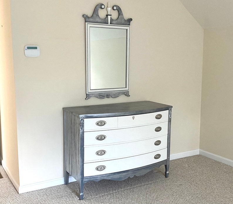 Grey and White Dresser and Mirror image 1