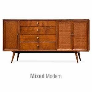 May include: A wooden sideboard featuring a left-hand cabinet door, four central drawers with round brass knobs, and two right-hand cabinet doors with woven cane panels. The furniture stands on four tapered legs and includes the text Mixed Modern.