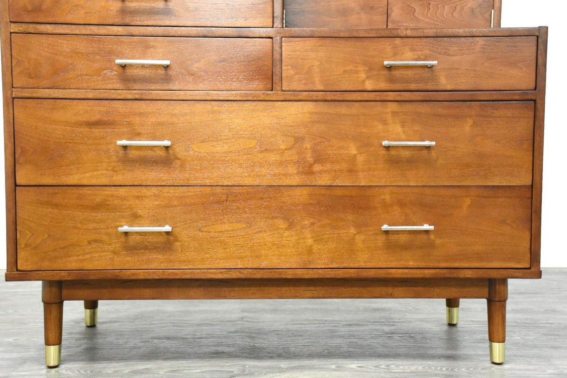 Walnut & Brass MCM Vanity Dresser Etsy