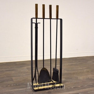 Modernist Iron and Brass Fireplace Tool Set image 1