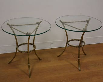 Faux Bamboo Brass Glass End Tables- A Pair