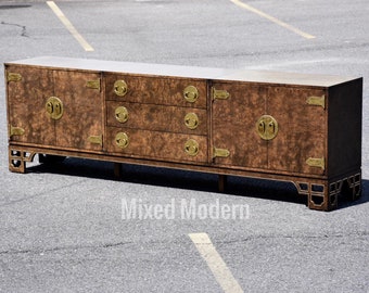 102" Mastercraft Burl and Brass Long Credenza