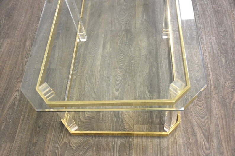 Brass Lucite and Glass Coffee Table image 3