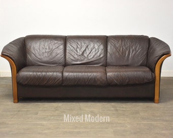 Ekornes Brown Leather and Teak Sofa