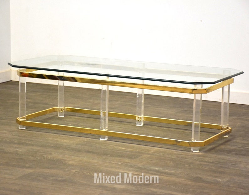 Brass Lucite and Glass Coffee Table image 1