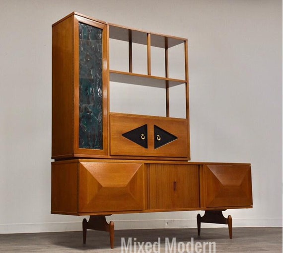 Vintage Walnut Two Piece Credenza Bar Etsy