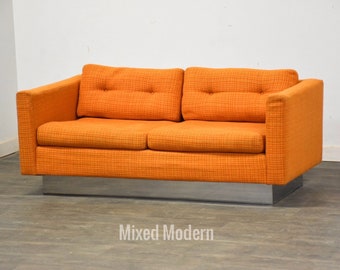 Modern Orange Tweed and Chrome Sofa Loveseat