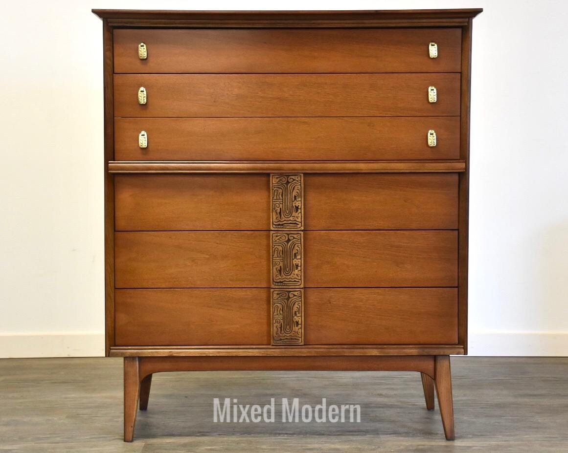 Walnut & Brass MCM Tall Dresser Etsy
