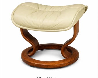 Ekornes Stressless Off White Cream Leather Teak Ottoman