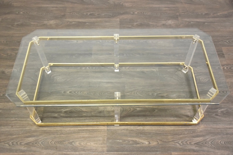 Brass Lucite and Glass Coffee Table image 2