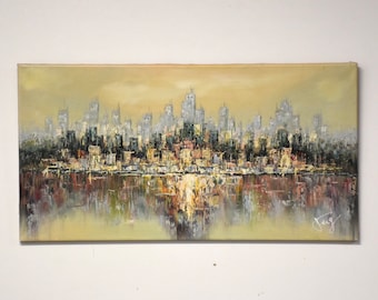 Abstract Waterfront Skyline Signed Painting