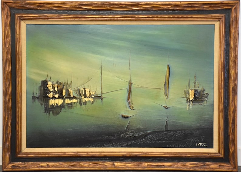 Oil on Canvas Painting Shipyard Scene Signed Ivan image 1