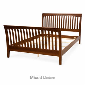 May include: A dark brown wooden bed frame featuring a tall headboard and a lower footboard, both constructed with vertical slats. The frame includes side rails and a series of light-colored wooden support slats across the base for a mattress.
