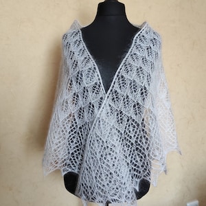 Light grey knitted lace mohair silk shawl, Evening wraps shawls, Women grey knitted mohair shawl, Hand knit lace shawl, Wedding shawl