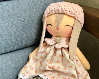 Pink bunny rag doll, bunny soft doll, toddlers fabric toy, baby girls first doll, baby cloth doll, nursery room decor, stuffed animal toys