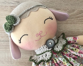 Lamb fabric doll, dress up rag doll, baby first soft doll, toddlers toy, baby girl toy gift, lamb cloth doll, handmade doll for girls