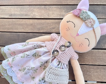 White Cat Rag Doll, 2 Year Old Girl Gift, Personalized Baby Doll, Handmade Cat Plush, Cat Stuffed Animal Toy, Baby Shower Gift, Waldorf Doll