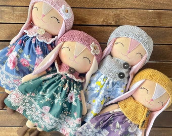 Handmade bunny rag doll, baby first doll, 2 year old girl gift, granddaughter gifts, girls room decor, hare cloth doll, rabbit fabric doll