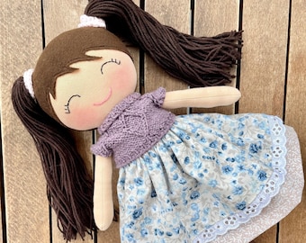 Girl doll with long hair, rag doll handmade, heirloom doll, fabric doll with clothes, cloth doll for girls, baby room decor, first dolly