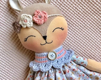 Poupée de chiffon de renard pastel, poupée en tissu d’animal des bois, peluche de renard en peluche, premier jouet pour bébés filles, poupée de décor de chambre de bébé, animal en peluche