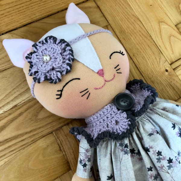 Dress up white cat rag doll, baby first fabric toy, toddlers toy, cat soft doll, newborn girl gift, kitty fabric baby doll, cat cloth doll