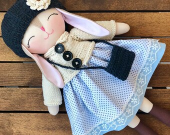 Bunny rag doll, first baby doll, granddaughter gifts, 1 year old girl gift, 2 year old girl gift, toddlers soft toy, handmade cloth doll