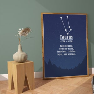 Zodiac Sign Printable Poster Taurus Traits and Dates Wall Art