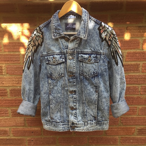 denim jacket with sequin angel wings
