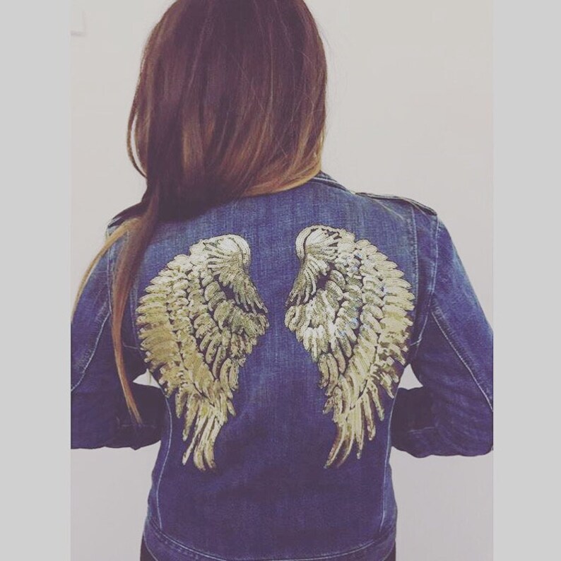 denim jacket with sequin angel wings