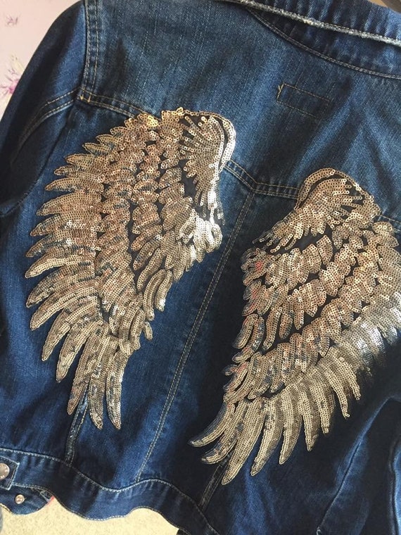 denim jacket with sequin angel wings