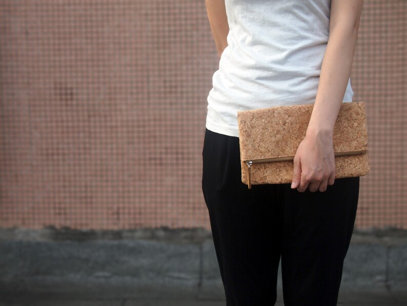 SALE Cork Fold Clutch Handbag Zipper Clutch Foldover Bag Etsy