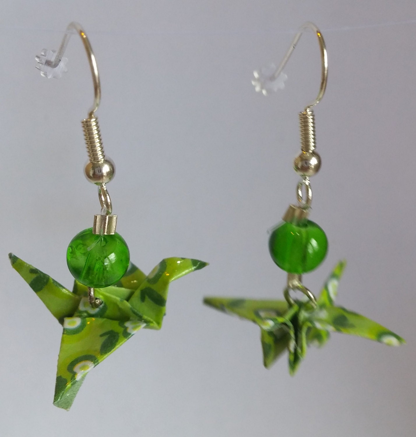 Origami Green Crane dangle earrings with beads