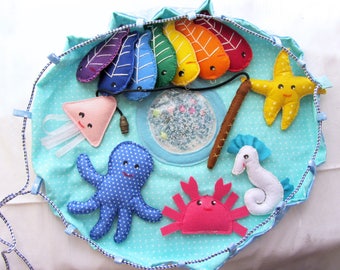 Magnetic Fishing Game Kids X-tray fish, Sensory Toy, Travel toy, Felt fishing with fishing pole and a pond, Felt sea animals,