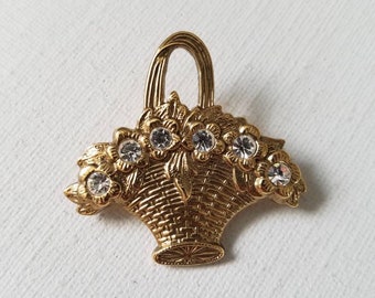 Vintage gold basket of flowers with rhinestones brooch pin