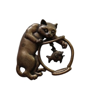 Vintage Brass Cat and Fish Signed JJ lapel brooch pin