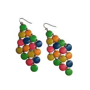 Vintage 60s inspired neon color and gold chandelier earrings - costume jewelry