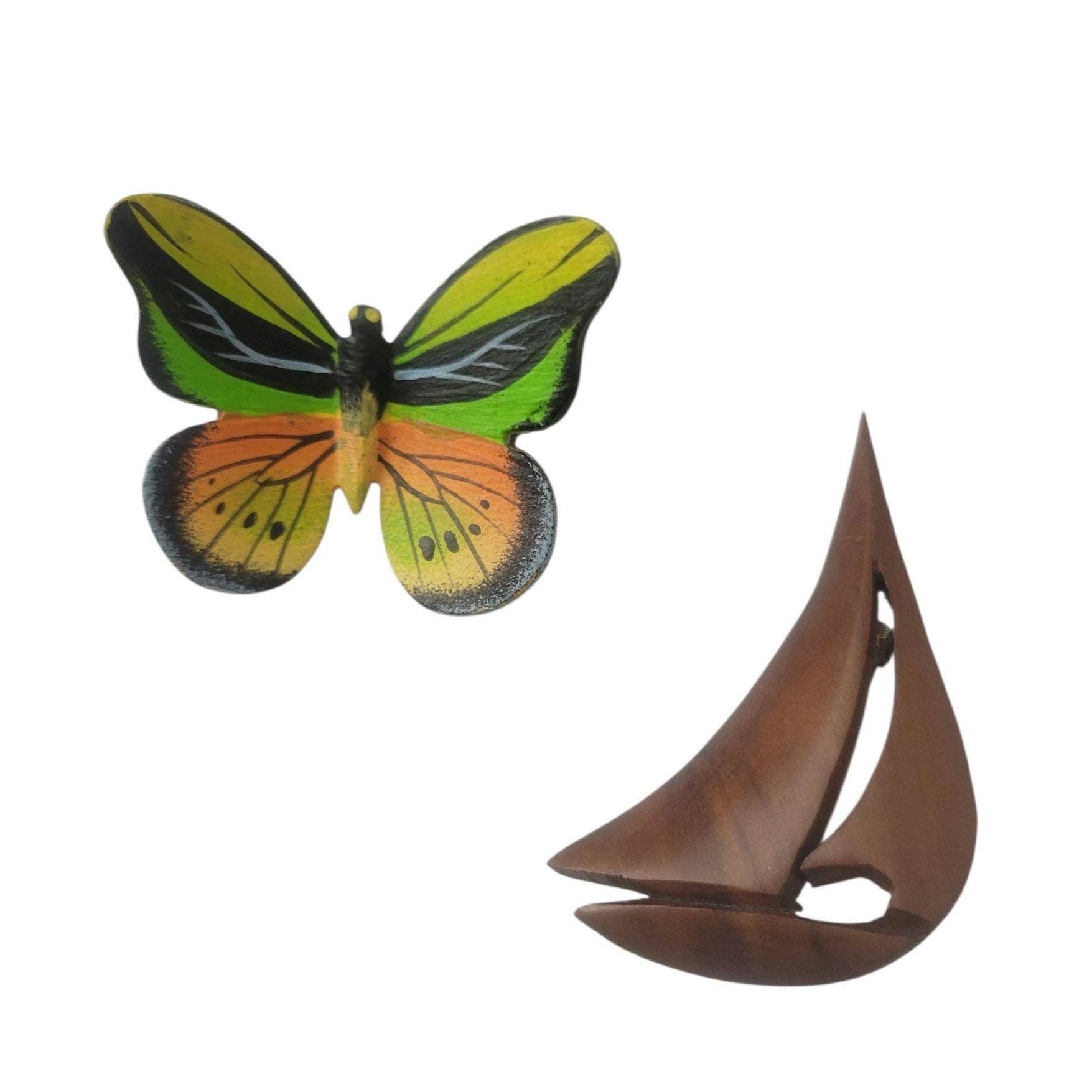 Vintage, Hand Carved, Hand Painted Butterfly and Sailboat Brooch Lapel Pins