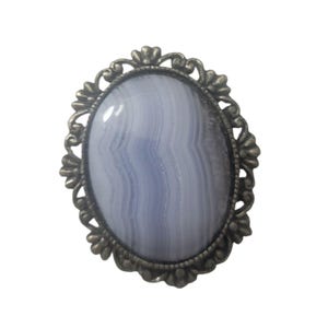 Vintage Blue Lace Agate Oval Cabochon Brooch Lapel Pin