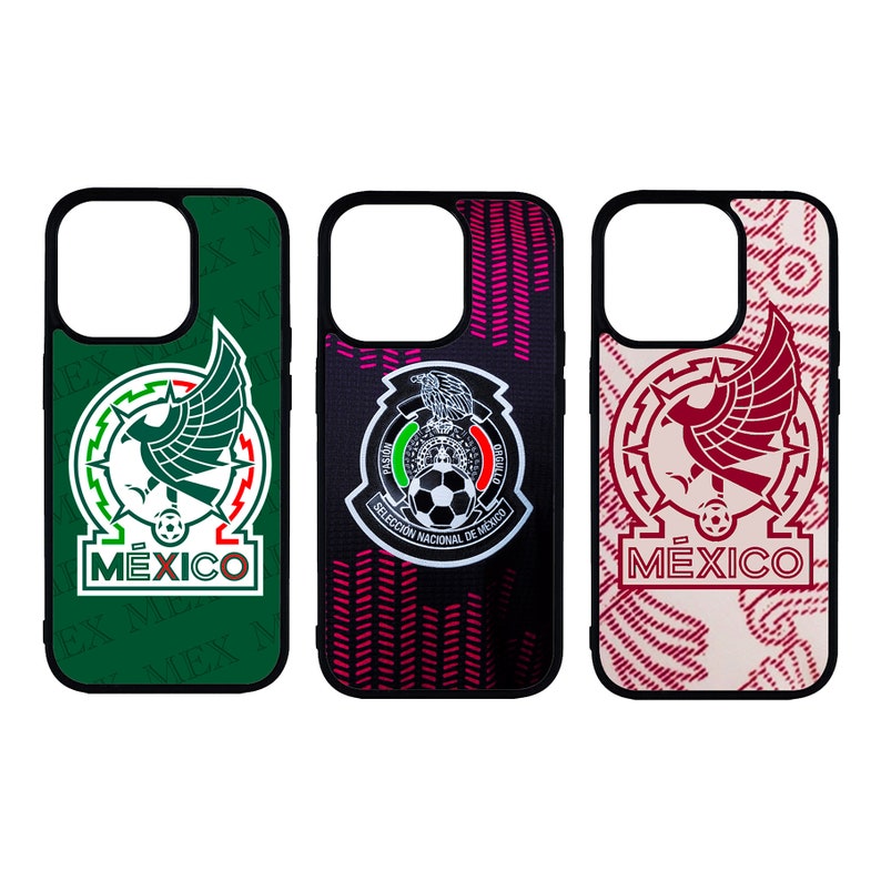 May include: Three phone cases with different designs featuring the Mexican national soccer team logo. The cases are black with green, pink, and red accents. The logos include the team's crest, the words "Mexico", and a stylized eagle.
