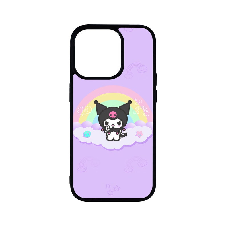 May include: A black and white cartoon character with a skull on its head is on a purple phone case with a rainbow and clouds. The phone case has a black border.