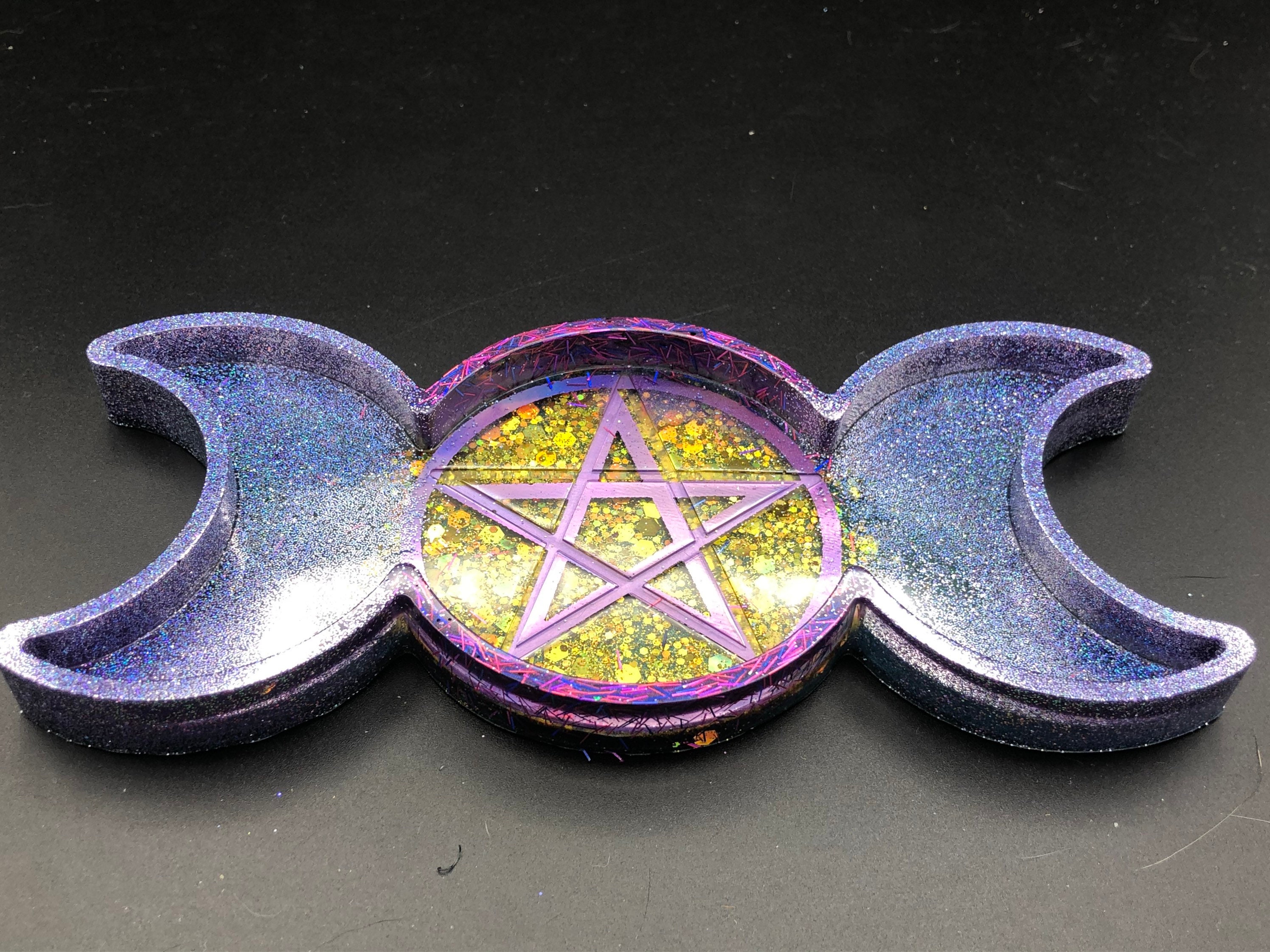 Bougeoir Bougies Chauffe-Plat 3 Lunes Pentacle Wicca Holographique Paillettes