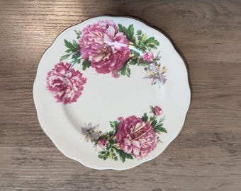 Vintage porcelain plate is the "Amethyst" pattern by Royal Standard, manufactured in England.