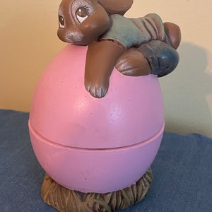 Vintage Easter Egg Lidded Candy Dish, Ceramic Hand Painted, 1978 Easter Bunny on Top