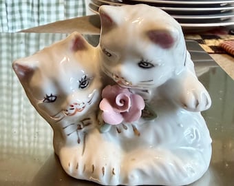 Cats Kittens Pair White With Pink Flower gold accents