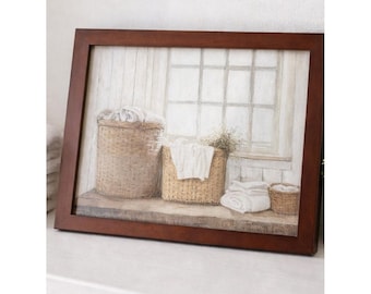 Farmhouse Laundry Room Wall Art Framed Neutral Basket Print Rustic Cottage