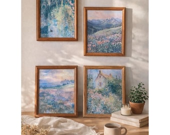 4 Framed Cottagecore Floral Landscape Prints 9.5x11.5 Wood Frames Vintage Art