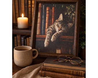 Lámina enmarcada de Charles Wysocki con la imagen de un gato durmiendo en una biblioteca rural (9,5 x 11,5 pulgadas).